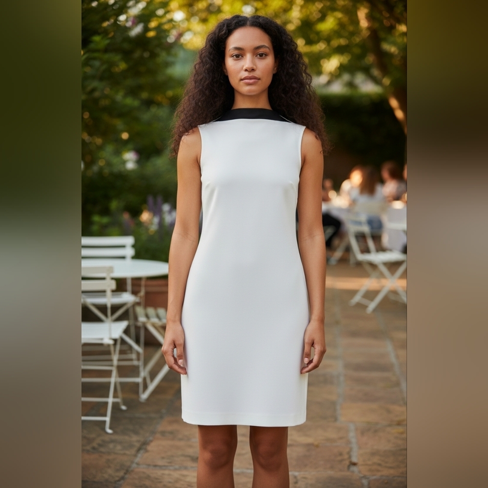NEW Alexia Admor White Leather Band Collar Shift Dress Sleeveless Summer Luxury